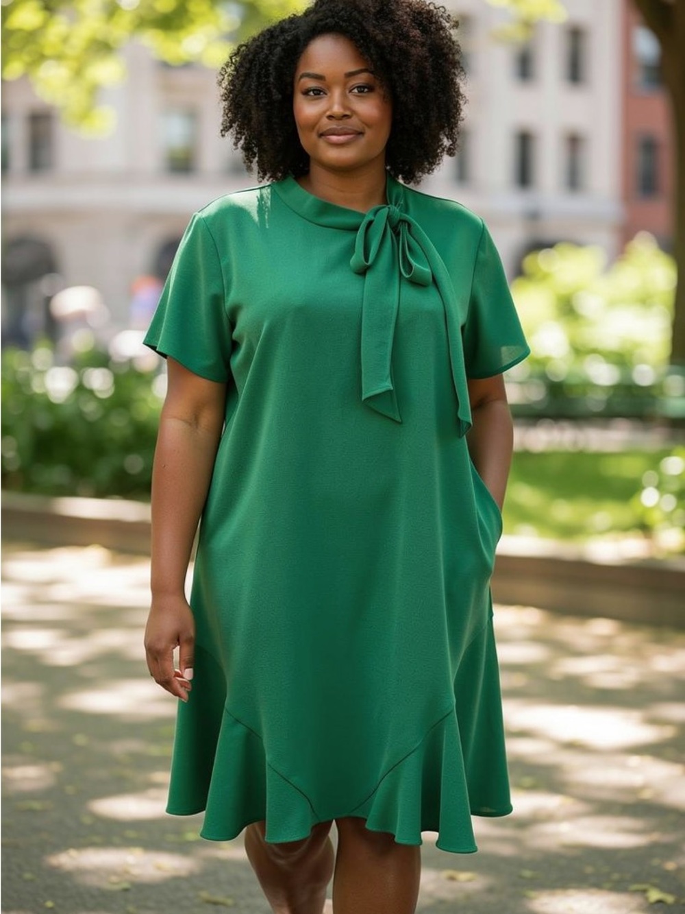 CeCe Emerald Green Tie-Neck Midi Dress